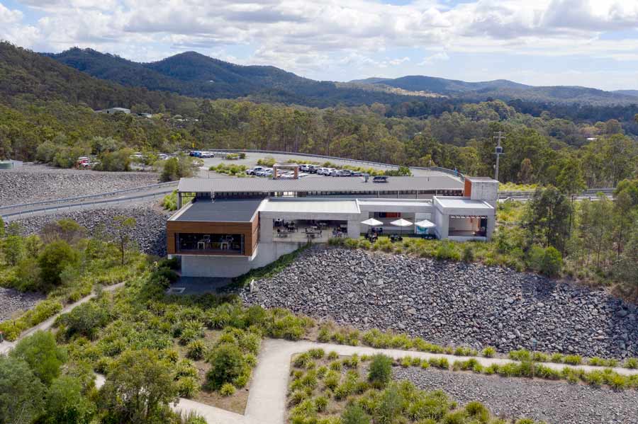 Ariel view of View Cafe taken from a drone looking over the building to the mountains in the background