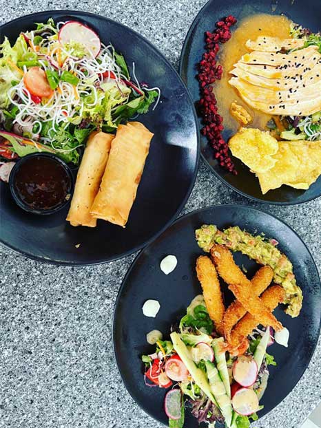 Light lunch, Chicken Thai Salad, Panko Prawns and Vegetarian Spring Roll
